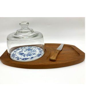 Vintage Dolphin Teak Wood Cheese Tray Blue Onion Center, Dome, Board, Knife Set